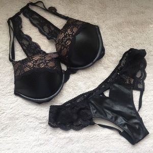 VS Bombshell Vegan Leather and Lace Bra+Panty Set